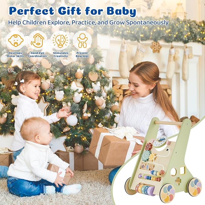 Wooden Baby Walker with Activity Center, Baby Push Walker for 1 Year Old Boys & Girls, Montessori Learning Walking Toy with Wheels, Toddler Push Toy with Storage Box 12 Months+