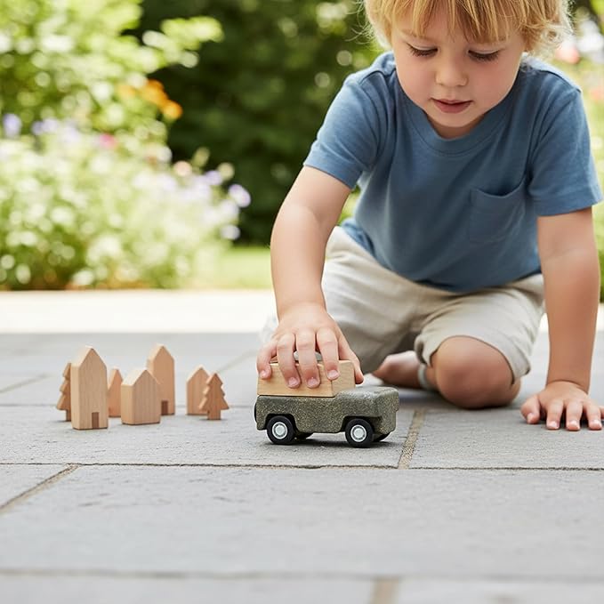 PlanToys® Grey Wagon Wooden Montessori Pull Along Toy | Early Movement, Balance and Practical Life Exploration | Eco Friendly Wagon for Indoor and Outdoor Play