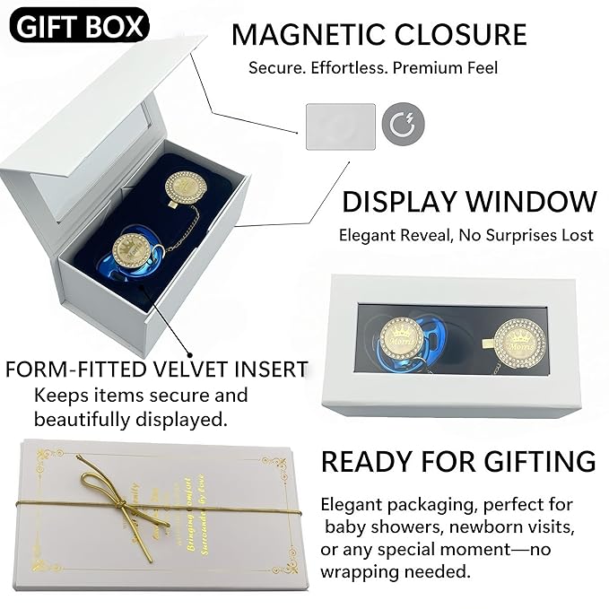 Personalized Bling Pacifier Box and Pacifier Set Unique Gift to New Bron Baby Baby Shower Gift (Metallic Blue)