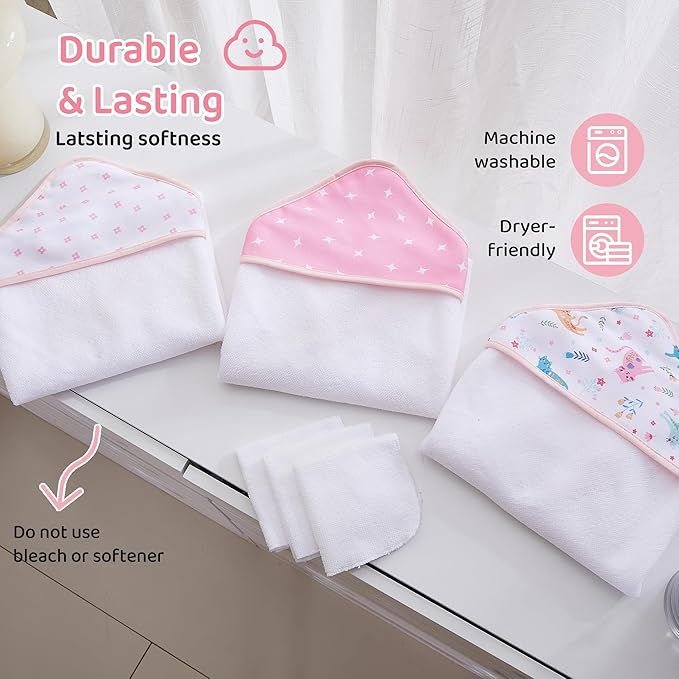 Mooreeke Baby Towel with Hood for Girls Pink Cat Flower Bath Towel for Babies Ultra Soft Absorbent 3 PCS Baby Towels and 3 PCS Washcloths for Newborn Essentials