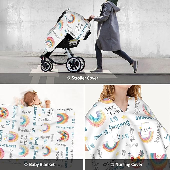 Personalized Winter Baby Car Seat Cover with Name Rainbow Winter Car Seat Cover for Baby Seat or Stroller Custom Infant Car Seat Covers Minky Blankets Nursing Cover Breastfeeding Scarf