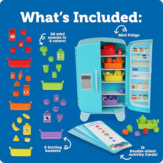 Learning Resources Sorting Snacks Mini Fridge - Play Food, Toddler Kitchen, Montessori , Color Sorting Sensory, Gifts for Boys and Girls, Preschool Games, Fine Motor Skills, Counting, Kindergarten