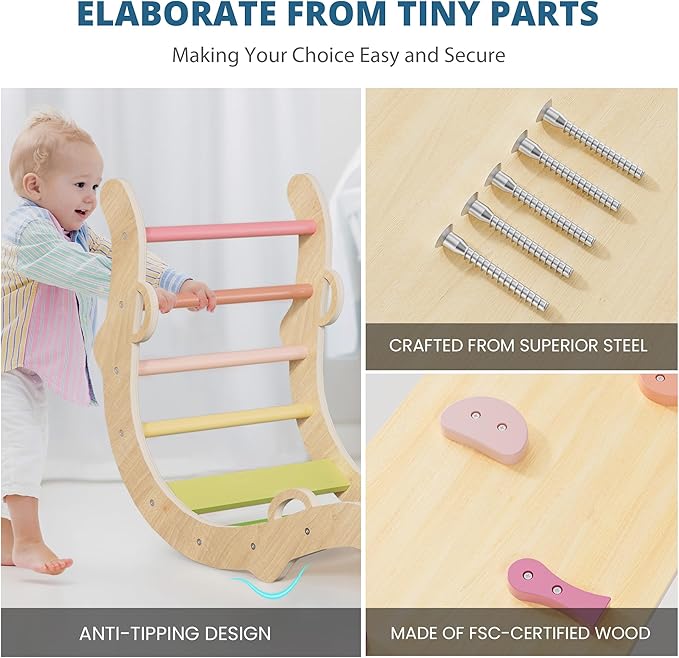 BlueWood Pikler Triangle Set, Toddler Wooden Climbing Toys Indoor 7in1 Foldable Climber for Kids, Montessori Philosophy Play Jungle Gym with Arch, Ramp, Ladder (Colorful Spring)