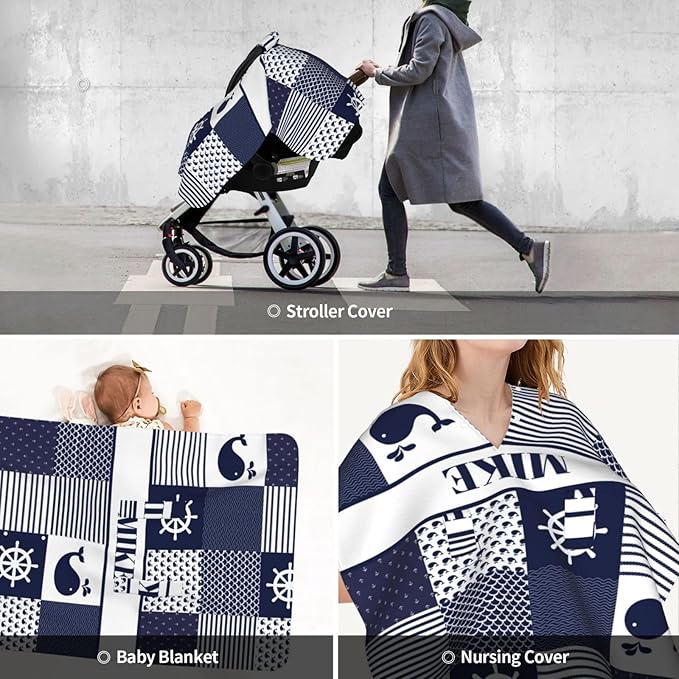 Personalized Baby Car Seat Canopy for Babies, Custom Name Car Seat Covers for Baby Boy, Opening Minky Nursing Breastfeeding Cover for Infant, Carseat Canopies for Newborn (Nautical Sea)