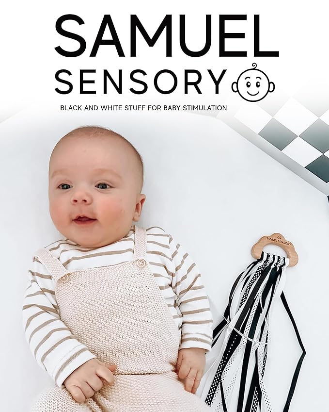 Samuel Sensory Toys Cloud Ribbon - Black and White Baby Toys 0-3 Months Made with Beech Wood & Soft Grosgrain and Satin Ribbon - Developmental High Contrast Baby Toys & Tummy Time Toys