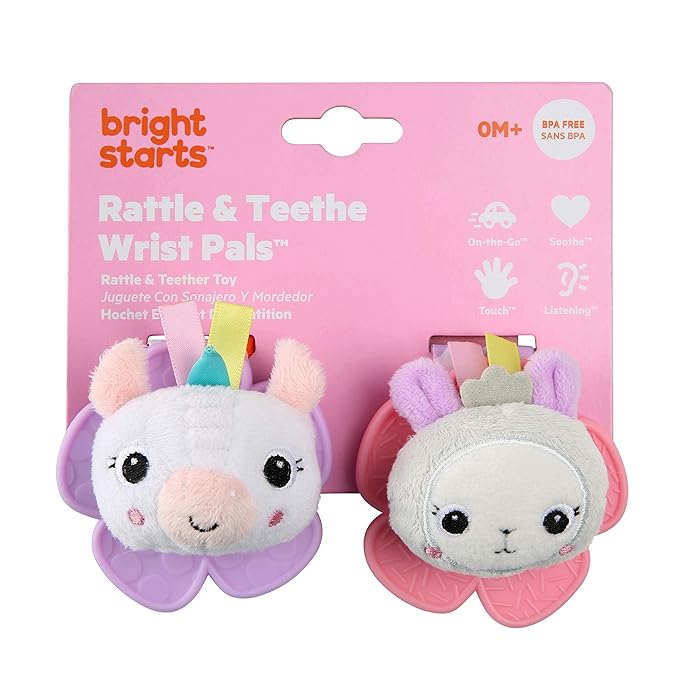 Bright Starts Rattle & Teethe Wrist Pals Toy,Unicorn & Llama,Newborn+,2 Count (Pack of 6)