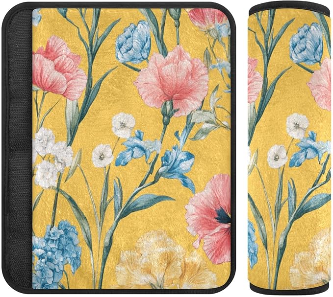 Car Seat Belt Covers Set of 2 Soft Auto Seatbelt Shoulder Pad for Adults Child Kids S Florals Carnation Delphinium Flower Yellow