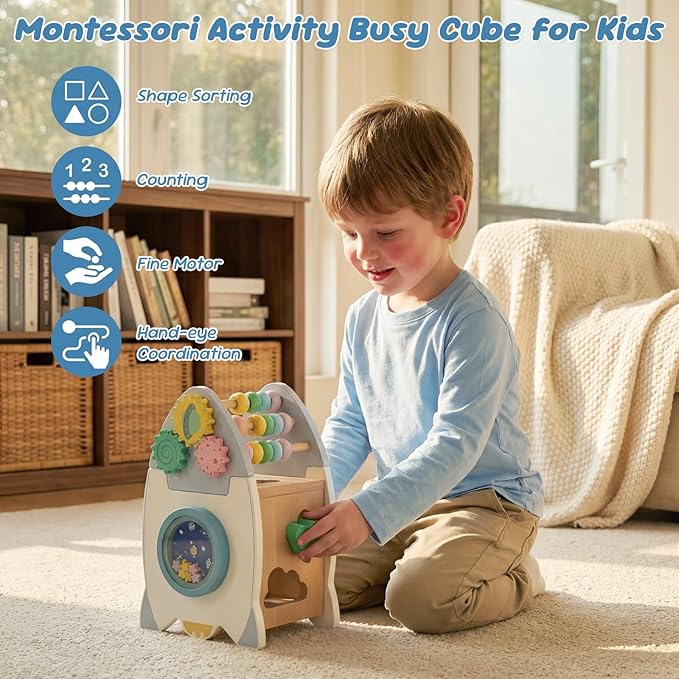 Wooden Space Rocket Activity Cube Toys for Baby, Montessoritoys for 2 3 Year Old Boy & Girl Birthday Gifts, Sensory and Educational Birthday Gifts, Busy Board Toys for Baby Boy