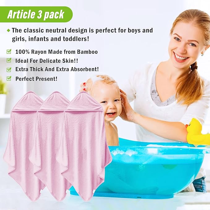 Cosy Family 3 Pack Baby Hooded Towels, Rayon Made from Bamboo, Ultra Soft Unisex Bath Towels for Babies,Toddler,Infant - Newborn Essential - Ultra Absorbent Toddler Towels for Baby Boy Girl - Pink