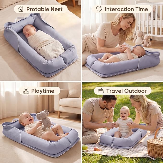 Baby Lounger for Newborn, Breathable and Soft Baby Lounger Pillow, Portable Infant Lounger with Removable Cover, Adjustable Lounger for Baby 0-12 Months, Tummy Time Baby Lounger for Home and Travel