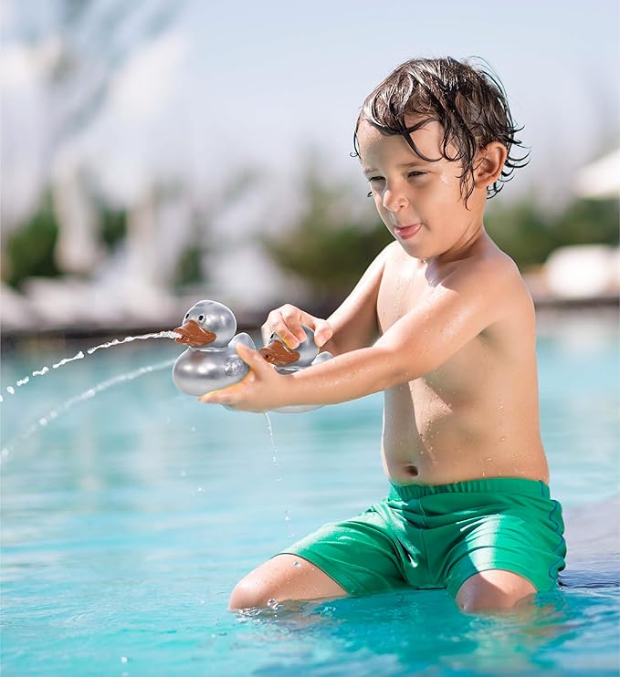 DolliBu Metallic Silver Duck Bath Buddy Squirter - Floating Silver Duck Rubber Bath Toy, Fun Water Squirting Bath Time Play for Toddlers, Animal Toy for Bathtub, Beach, and Pool for Girls and Boys