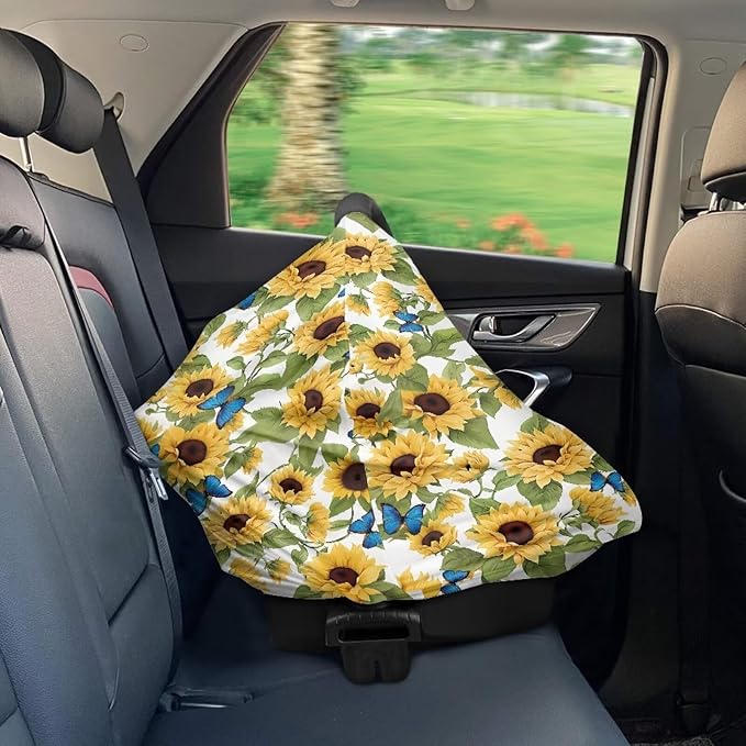 LedBack Blue Butterfly Sunflower Stretchy Car Seat Cover for Babies Nursing Cover Breastfeeding Cover,Soft Breathable Baby Carseat Canopy