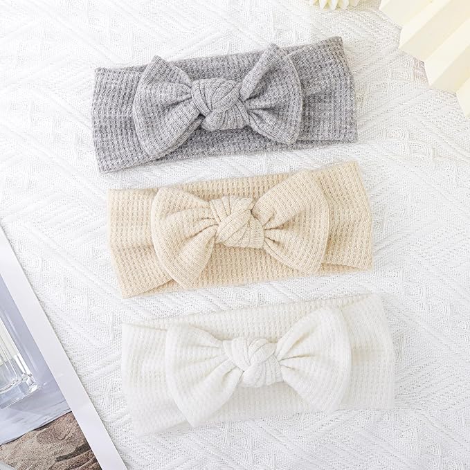 4" Baby Girls Hairband with Bows - 3Pcs Gray White Beige (Handmade Soft Headwraps Baby Hair Accessories for Infant Toddler)