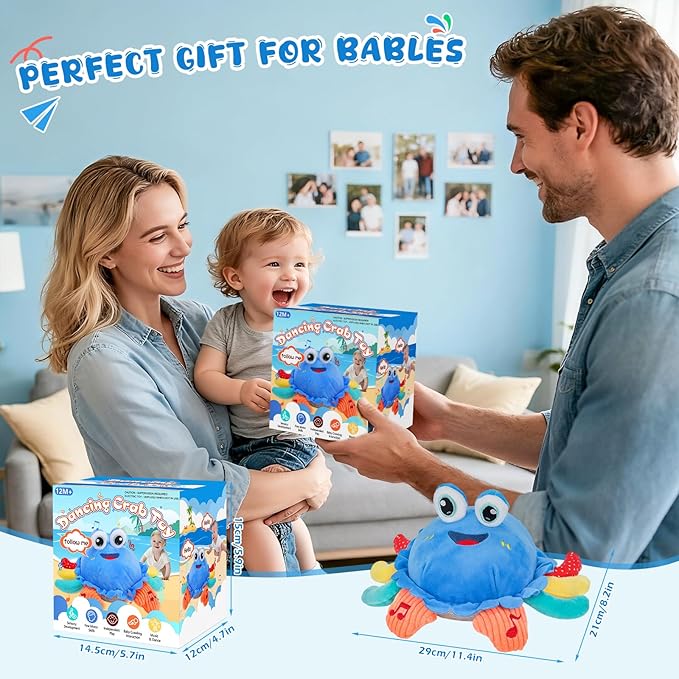 Baby Toys 1 Year Old 6-12 Month Tummy Time Toys Crawling Musical Crab Plush Toy Dancing Walking Moving Bouncing Sensory Toys for Toddlers, Valentine Gifts for Kids