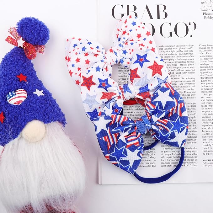 YanJie Fourth of July Patriotic Hair Accessories: Star Spangled Newborn Headbands, Nylon Bows for Infant Toddler Girls in Red, White & Blue
