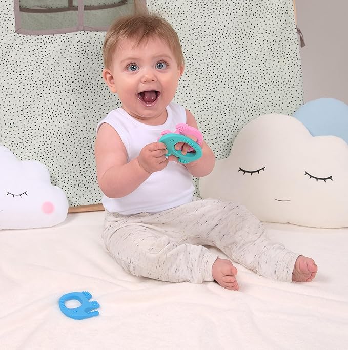 Elefun Baby Teether Pack - Gift 6 Months Blissful Teething Relief - Infant Teethers 0 to 6 Month Baby Shower Gift Set - Safe Silicone Soothing Rings Developmental Infant Chew Toys