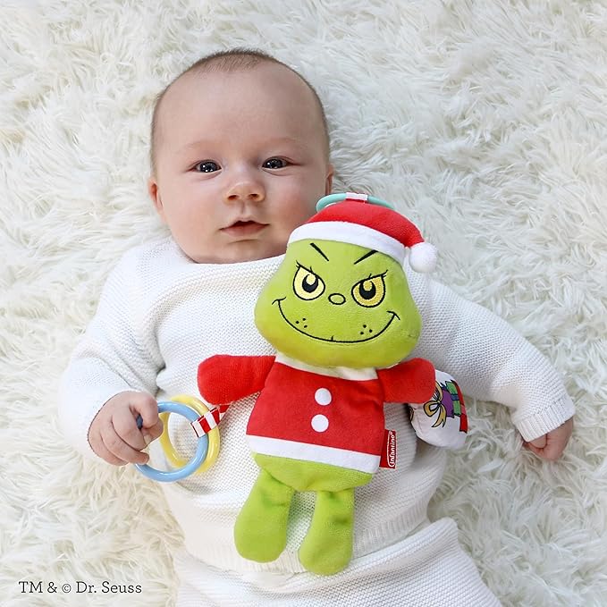 Infantino Activity Pal The Grinch, Baby Sensory Clip-On Toy with Crinkle Body, Rattling Presents & Clacker Rings, Stroller & Car Seat Companion, Holiday Baby Gift & Stocking Stuffer