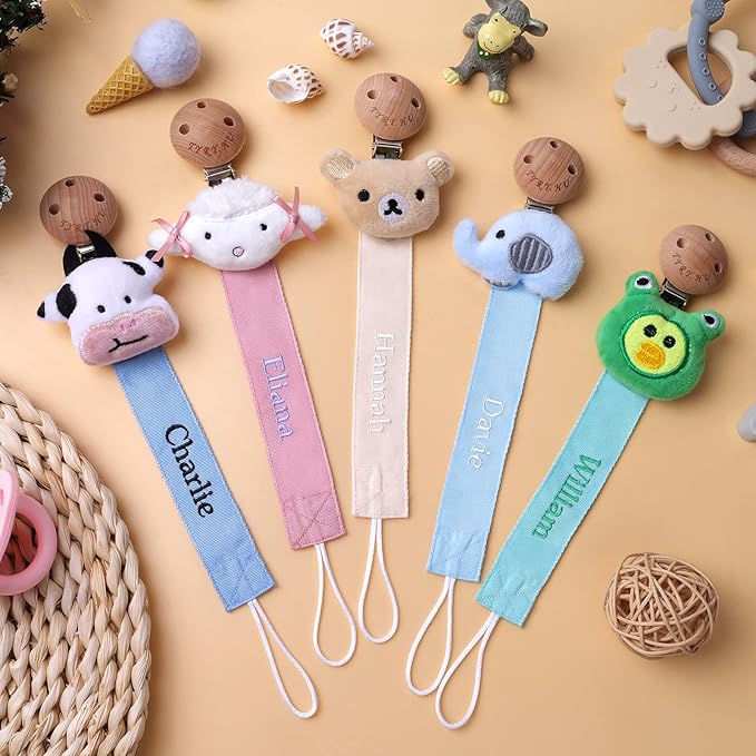 TYRY.HU Personalized Pacifier Clip with Name for Girls, Customize Pacifier Leash, Embroidery Soft Ribbon Pacifier Holder Clips, Universally Fit All Pacifiers & Toys, White Sheep