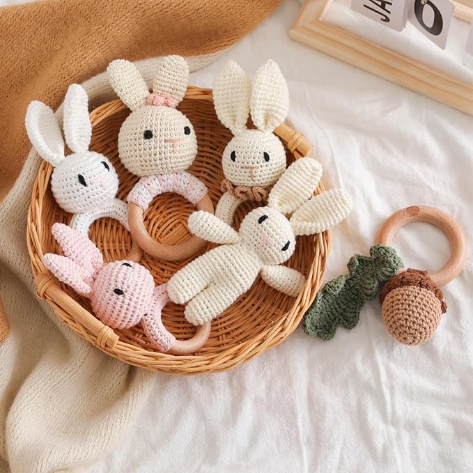 Wooden Baby Rattle,Crochet Bunny Rattle with Wood Ring, Newborn Wooden Animal Rattle Toy,Infant Bunny Wood Rattle Toys,Bunny-2