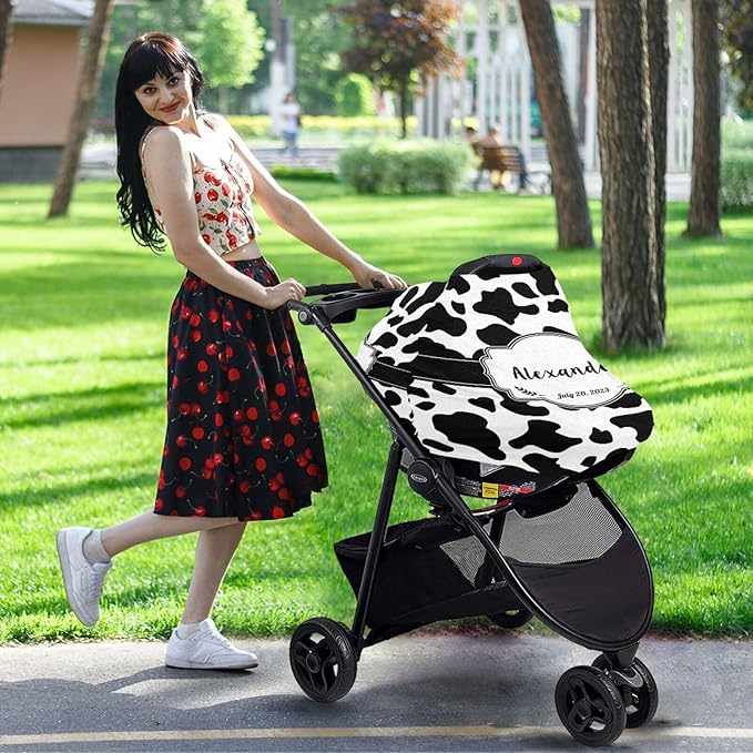 Personalized Baby Car Seat Cover for Babies, Custom Name Baby Car Seats Canopy for Boys Girls, Nursing Breastfeeding Stroller Covers for Infant Newborn, Shower Gift for Baby (Cow Stripes Black)