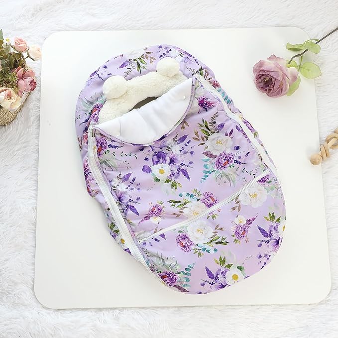Winter Car Seat Cover Baby Girl Boy, Warm & Windproof Infant Carseat Cover Canopy Protect Baby from Cold Weather, Plush Fleece, Purple Floral