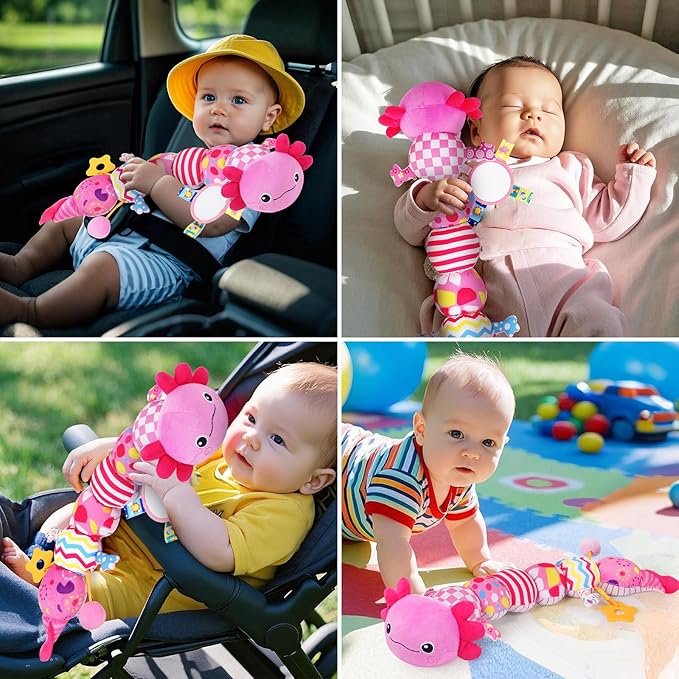 Baby Toys for 0-6 6-12 Months, Plush Axolotl Toy with Crinkle and Rattles for Infant Newborn, Sensory Music Animal Stuffed Toy for 0 1 2 3 4 5 6+ Month, Tummy Time Toys Gifts for 0-3-6-12 Months,Pink