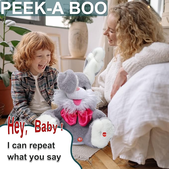MIAODAM Peek-A Boo Bunny Toys for Toddlers, Bunny Stuffed Animal, Children Song & Lullabies Talking Toys, Cute Easter Bunny Toy with Floppy Ears, Interactive Gifts for Baby & Toddler
