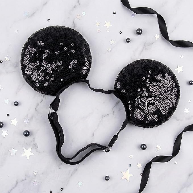 zhezesmila Adjustable Mouse Ears Headband Elastic Classic Black Sequin Ears for Baby Girls Boys Toddlers and Adult