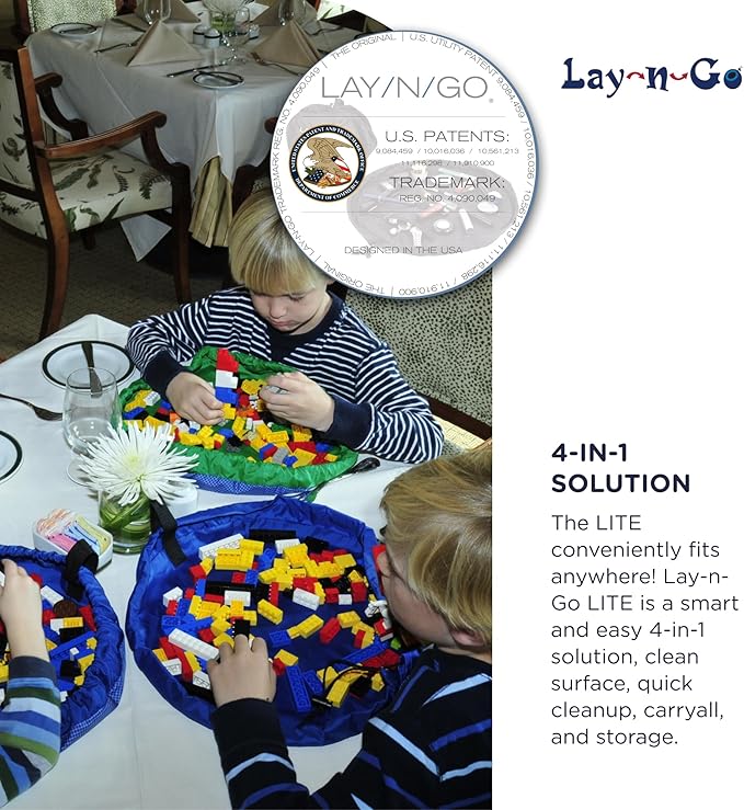Lay-n-Go Layflat Portable Drawstring Cinch Storage Toy & Mini Figures Organizer & Play Mat, Mesh Pockets, Home & Travel, Kids & Toddlers Playdates, 2 Straps for Backpack, Durable, Machine Washable