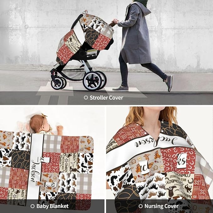 Custom Baby Car Seat Canopy with Name, Personalized Cowboy Baby Car Seats Covers for Baby Boy, Opening Minky Nursing Breastfeeding Cover for Infant, Carseat Canopies for Newborn