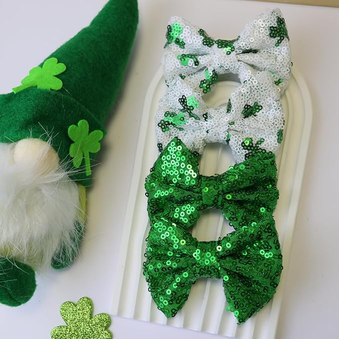 St.Patrick's Day Sequin Hair Bows for Girls Green Sparkly Alligator Clips Shamrock Glitter Hair Accessories for Little Teen Toddler Girls Kids St.Patrick Gift