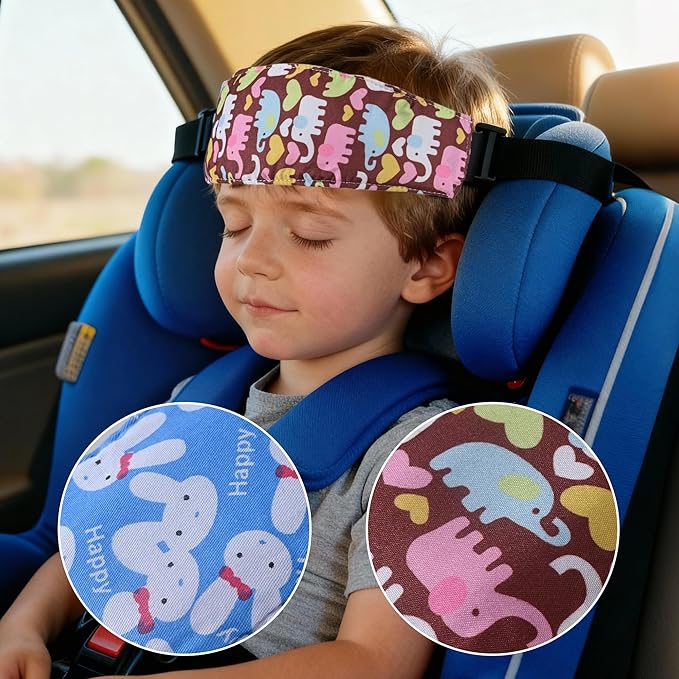 Luckyiren Forest Animal Baby Head Support Strap, 2-Pack Cotton Car Seat Neck Band with Elephant & Bunny Design, Coffee & Blue, 8.4x4x1.1 Inch, Machine Washable