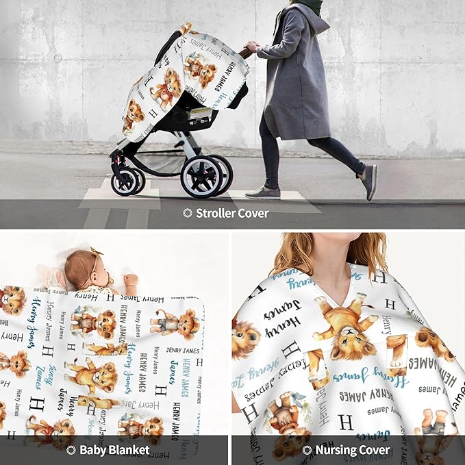 Personalized Baby Car Seat Canopy Minky Lion Baby Blanket Custom Name Baby Car Seat Cover Girls Boys Infant Newborn Carseat Canopy Nursing Cover for Stroller Car Seat Canopies