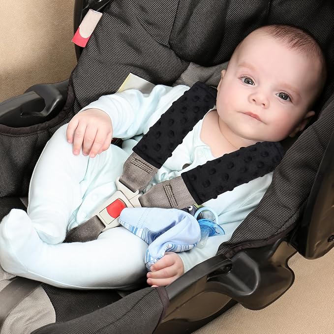 Baby Car Seat Strap Pads, Toddler Car Seat Strap Shoulder Covers for Baby Kids, Double-Sided Car Seat Belt Covers for Stroller/Pushchair/Baby Swing, Soft Flannel & Mesh, Black