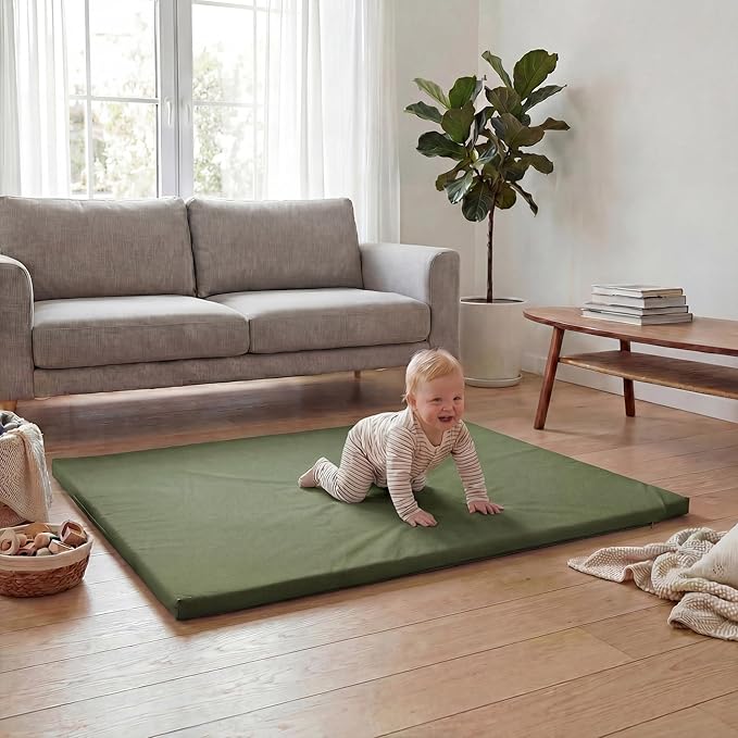 Huloo Sleep Baby Play Mat 50x50 Inches,1.3" Thick Padded Waterproof Floor Cushion & Playpen Mat with Vegan Leather,Non-Slip & Non-Toxic Nursery Rug for Infants, Toddlers & Kids(Green)