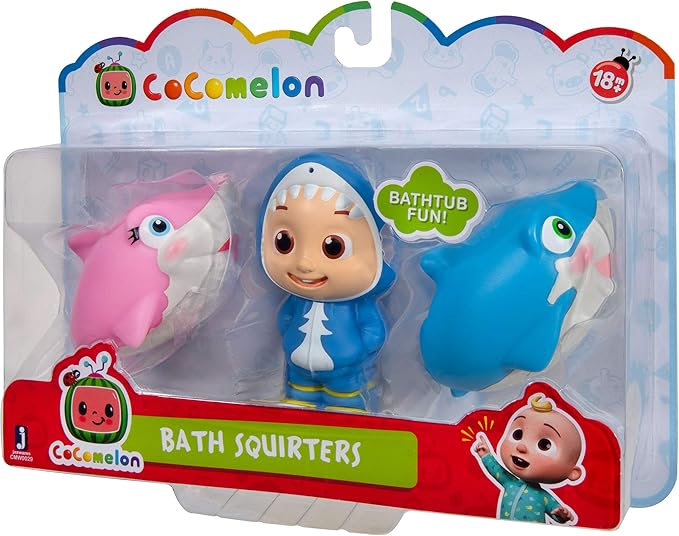 CoComelon Official Bath Squirters, Featuring JJ Character Toy (4” Tall) and 2 Sharks (4” Wide), Bath Time Fun Playset - Character Toys for Babies, Toddlers, and Kids