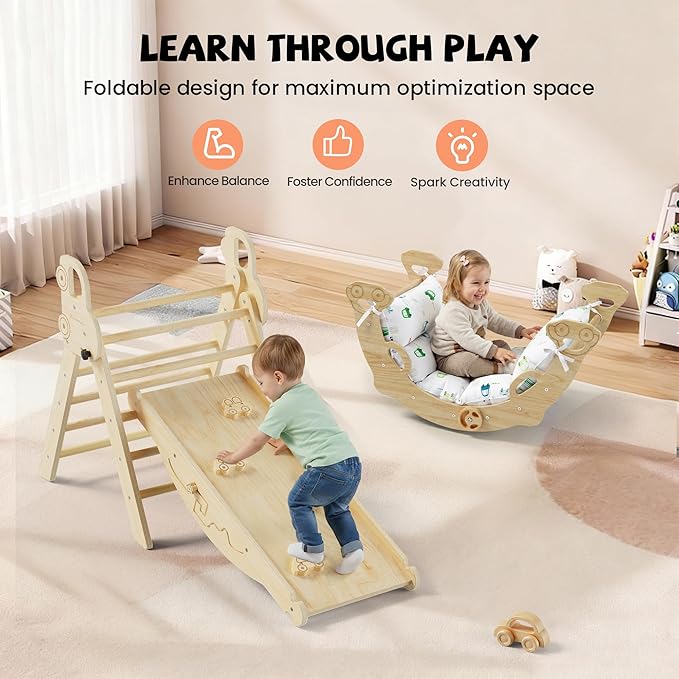 Pikler Triangle Climbing Set with Cushion, Foldable Climbing Toys Indoor, Montessori Toddler Gym, 10-in-1 Climber & Playground, Gift for Christmas, Birthday, New Year (Woodland Cabin)