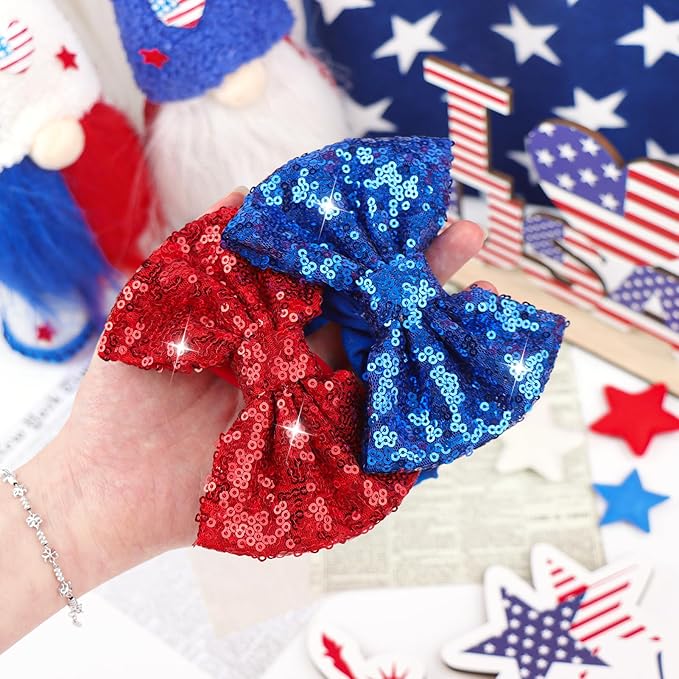 Baby Girl Hair Bows 4th of July Red Blue Headband Sequins Large Bows Patriotic Police Glitter Headband Bows Infant Hair Accessories Kids