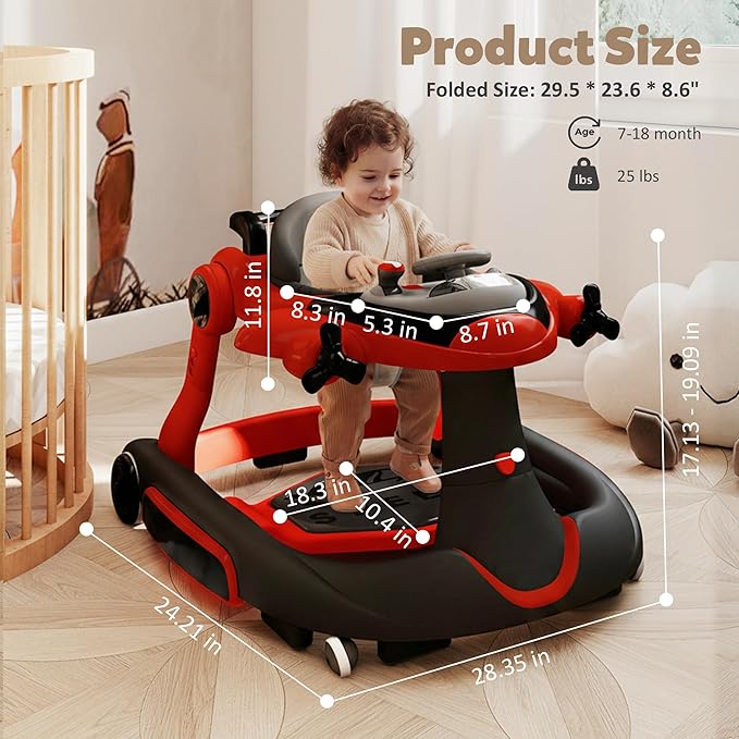 Todefull 7-in-1 Baby Walker with Wheels, Anti-Slip Base, Speed Control, 3 Level Adjustable Height with Music & Lights Box, Foldable Walkers for Babies 6-12 Months, Boys & Girls