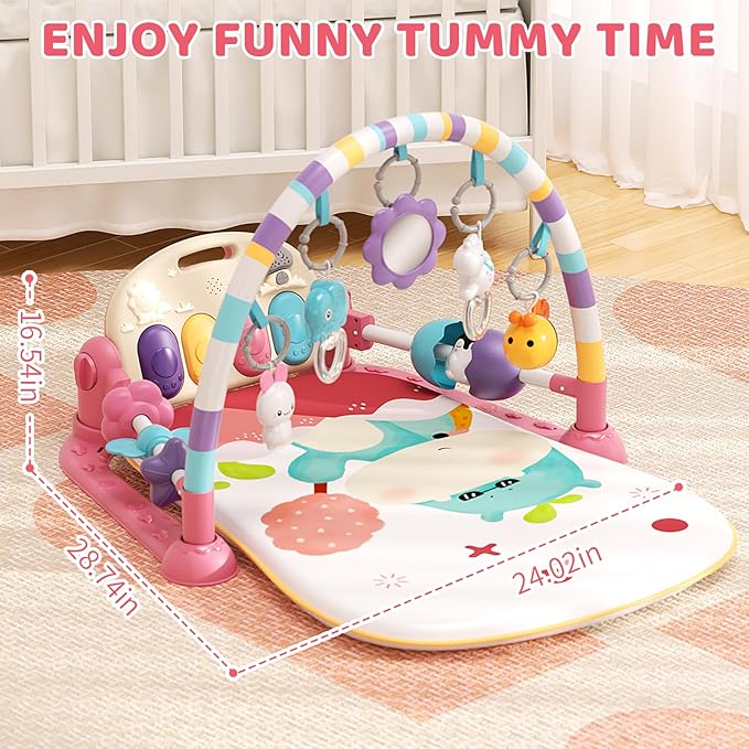 Jovow Baby Gym with Musical Piano,Baby Play Mat Tummy Time Baby Activity Gym Mat with 5 Infant Learning Sensory for Baby, Music and Lights Boy or Girl for Newborn(Pink)