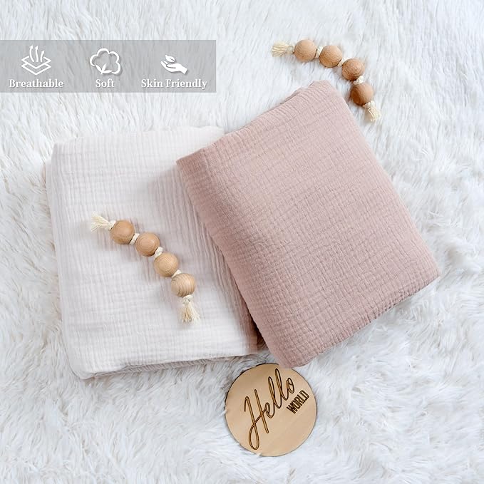 Meracorallo Muslin Mini Crib Sheet, Pack n Play Fitted Sheet, Soft and Breathable Pack and Play Playard Mattress Sheet for Baby Boys and Girls, Blush