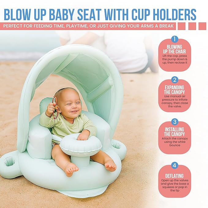 Blow Up Inflatable Baby Seat for 3-36 Months w/Built-in Pump & Detachable Canopy, Sit Me Up Floor Seat for Baby w/Safety Straps, Inflatable Infant Chair (Canopy + Cup Holders) is Ideal Summer Gift