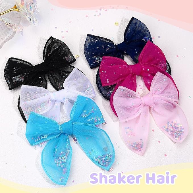 6 PCS Tulle Hair Bows for Girls, CN Toddler Bows with Glitter Star Alligator, Colorful Hair Barrettes Wedding Hair Accessories for Baby Girls Infants Toddler Teens Party (Type B)