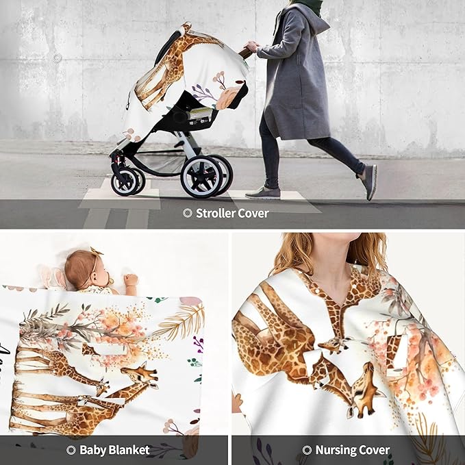 Personalized Winter Carseat Cover for Baby Custom Name Car Seat Canopy for Newborn Baby Boys Girls 2 in 1 Mom Nursing Breastfeeding Covers Giraffe Minky Baby Carrier Stroller Covers
