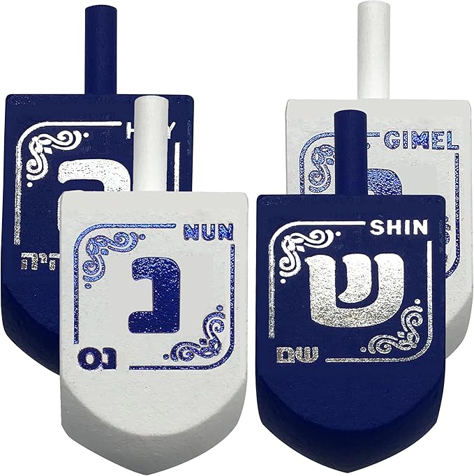 Hanukkah Dreidels - Extra Large Blue and White Wooden Dreidel - 4 Pack
