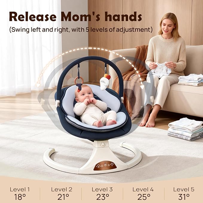 Baby Swings for Infants to Toddler, Electric Baby Swing with Remote, 5 Speeds, Bluetooth & Safety Lock, Portable Baby Swing for Indoor and Outdoor (Dark Blue)