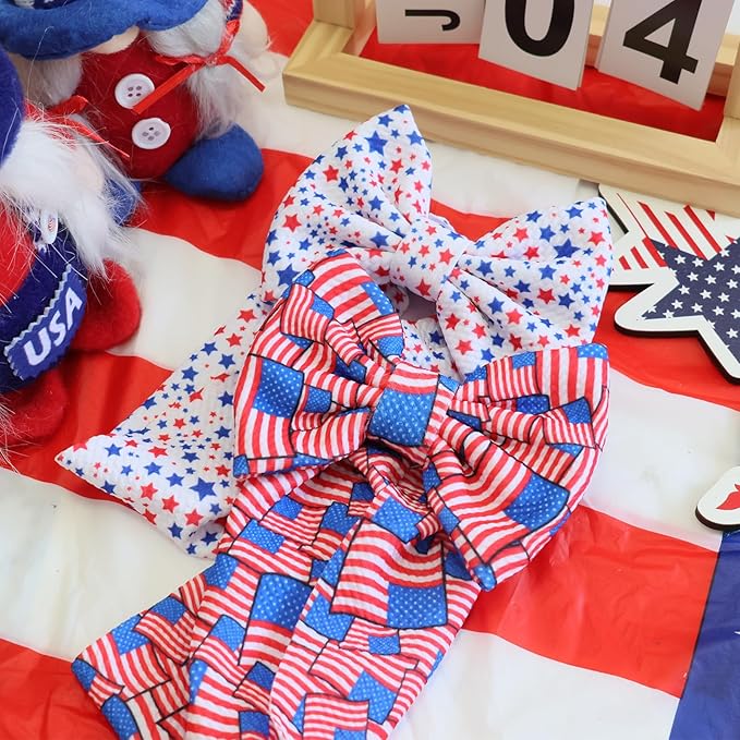 Independence Day Baby Girls Headbands, Red Handmade Star Printed Big Bows for Baby Girls Elastic 4th of July Wide Hairbands for Baby Girl Newborn Infant