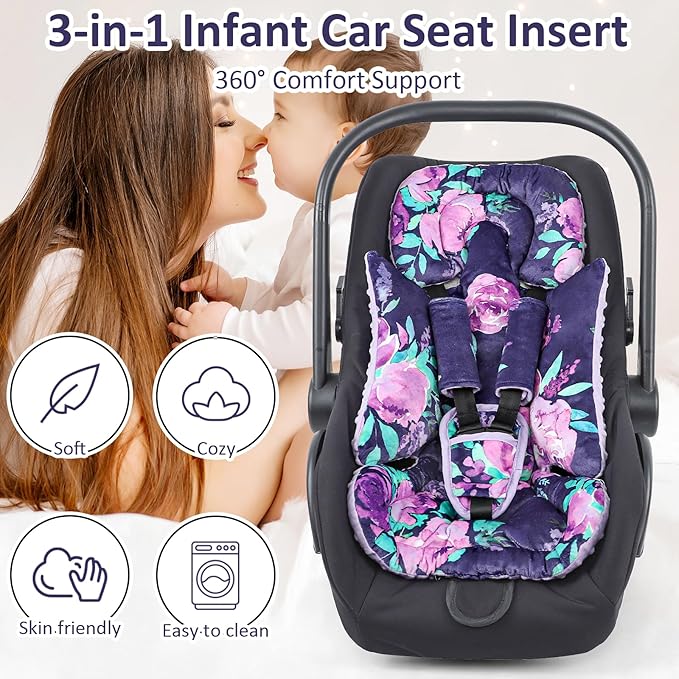 TANOFAR Car Seat Head Support Baby - Infant Car Seat Insert for Newborn Girls Boys - Soft Carseat Head Support for Infant - Newborn Carseat Insert for Car Seats, Strollers, Swings (Purple Floral)