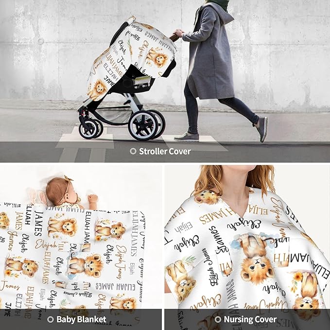 Personalized Baby Car Seat Canopy Minky Lion Baby Blanket Custom Name Baby Car Seat Cover Girls Boys Infant Newborn Carseat Canopy Nursing Cover for Stroller Car Seat Canopies