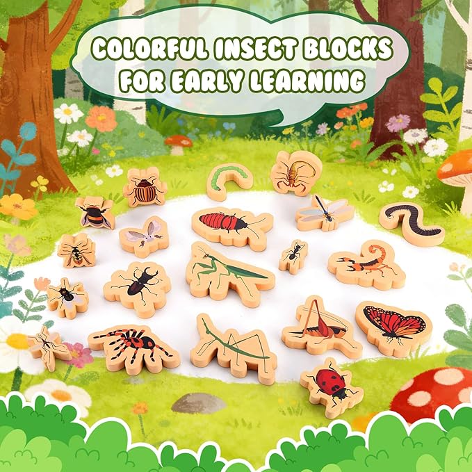 20 PCS Wood Bugs and Insect Block Toys for Kids Wooden Minibeast Blocks Natural Classroom Science Learning Toy Boys and Girls Educational Preschool Learning